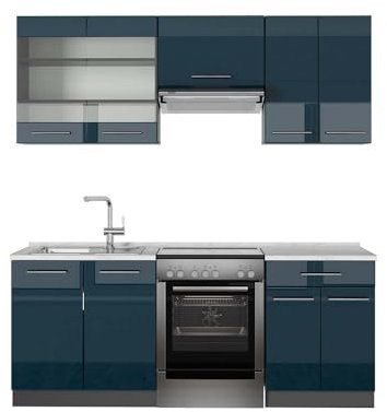Vicco Küchenzeile Fame-Line, Dunkelblau Hochglanz/Anthrazit, 200 cm, AP Marmor, geeignet für Variable Modulplatzierung und Erweiterung