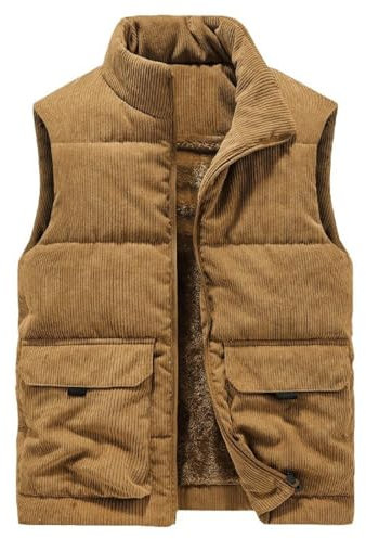 Momooda Hombre Chaleco de Pana, Chaqueta con Forro Polar Calentador sin Mangas Acolchada, Chalecos Invierno con Cremallera, M, Amarillo terroso