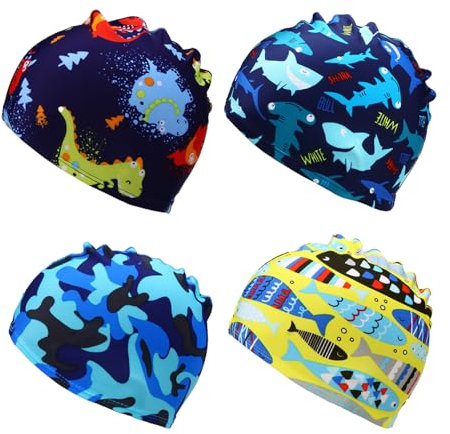 4 Piezas Gorros de Natación para Niños, Lindos Gorros de Natación de Dibujos Animados, Gorros de Natación de Animales, Gorros de Natación Elásticos, Accesorios de Natación