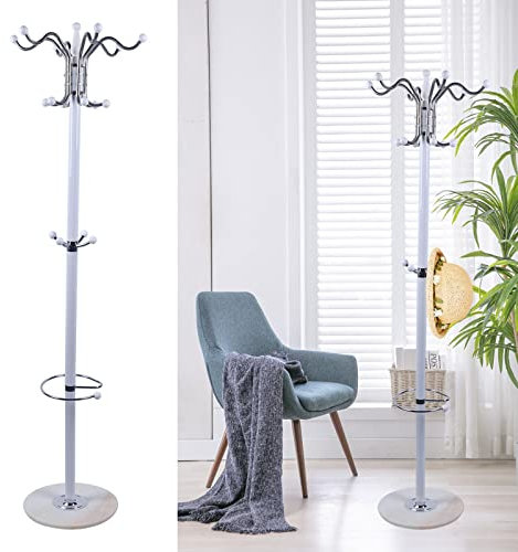 EurHomePlus Garderobenständer Kleiderständer mit Schirmständer 170 cm, Metall Freistehende Kleidungsständer mit 16 Haken, Kleiderständer Garderobe für Jacken, Hüte, Taschen, Kleiderbügel (Weiß)