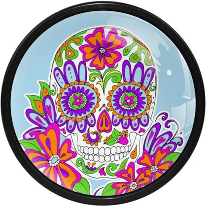 LVTISEE Küchenschrankknäufe, Retro-Zuckerschädel und Blumen, runde Schubladengriffe mit Schrauben, Schubladengriffe, Türbeschläge für Kommoden, Schränke, 4 Stück