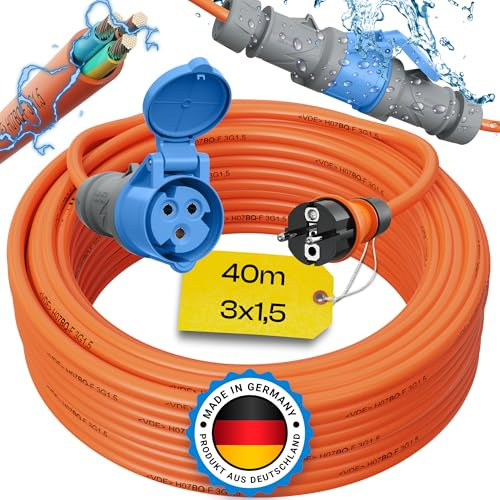maxgo 40m Camping Adapter Schuko auf CEE 230v 16a 3x1,5 H07BQ-F Stromadapter Stromkabel Landstromanschluss Adapterkabel Verlängerungskabel Kabel Wohnmobil Schukostecker Mennekes Campingkupplung