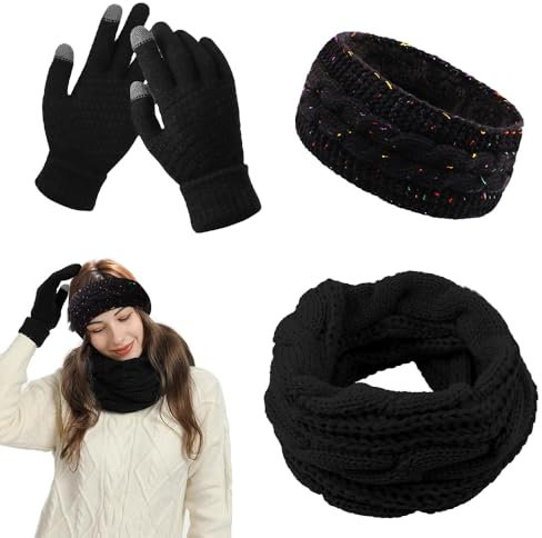 EUIEUT Winter Schal Stirnband und Handschuhe Set für Damen Touchscreen Handschuhe Schlauchschal Winterschal Warme Stirn Band Strickschal Winter Haarband damen Winterhandschuhen Winterzubehör Geschenk