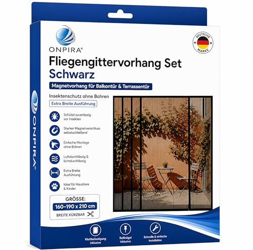 ONPIRA® Fliegengittervorhang Magnet Schwarz 160–190 x 210 cm – Extra Breiter Insektenschutz für Balkontür & Terrassentür – Magnetvorhang ohne Bohren – Breite Kürzbar – Selbstschließend & Feinmaschig