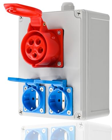Kombi Wandsteckdose 400V 5P CEE 16A Steckdose 2x Schuko Steckdosen 230V Buchsen, PCE Steckdosen - Aufputz Verteilerkasten – Kombi Wandsteckdose Innen und Außen
