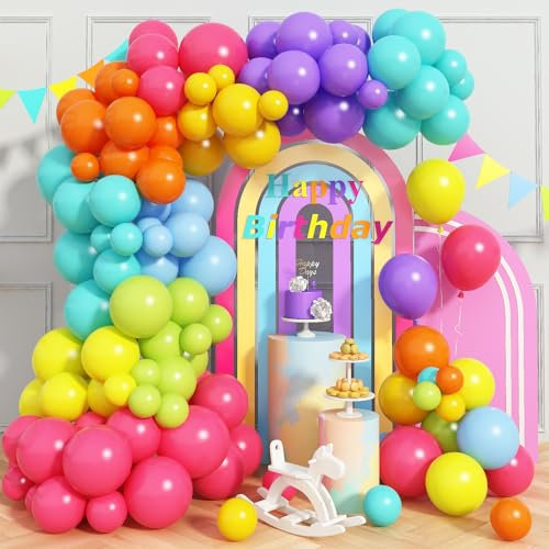 Luftballon Girlande Bunt, Regenbogen Neon Latex Ballons Girlande Mehrfarbiges Helium Ballongirlande Set für Karneval Kinder Geburtstag Sommer Hawaii Strand Party Dekoration