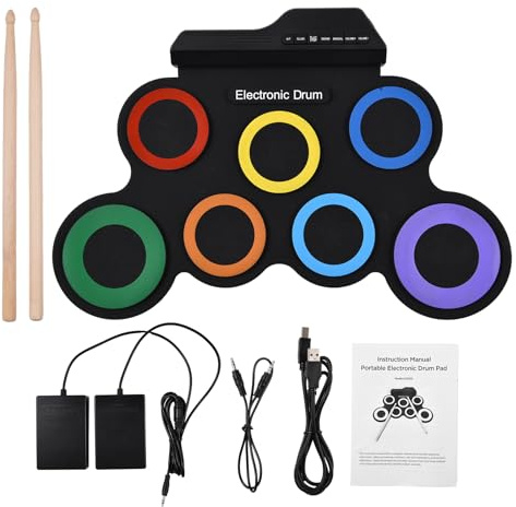 Tragbares Drum Pad Kit, 7 Pads Elektronisches Schlagzeug für Outdoor | Externe Lautsprecher und Kopfhörerjack, Aufrollbar in Tasche, 5 Drum Töne und 8 Demo Songs
