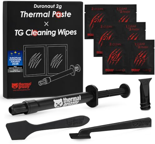 Thermal Grizzly - Duronaut - 2 Gram - Enhanced Durability & High Performance Thermal Paste - for Maximum Conductivity While Overclocking CPU/GPU/PS4/PS5/Xbox with 12 Cleaning Wipes 6 Wet & 6 Dry