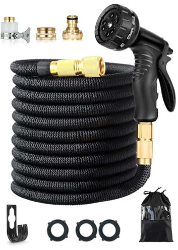 150FT Expandable Garden Hose, Leakproof, Lightweight and Flexible Water Hose with 10-Function Spray Nozzle, 3/4 & 1/2 Solid Brass Fittings, for Gardening, Car Washing, Outdoor Cleaning (Black)
