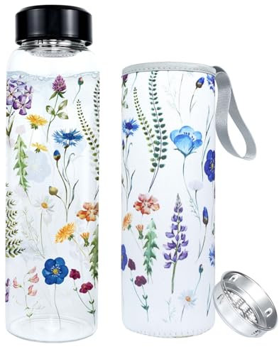 PAPU Borraccia Vetro 1 L/1000 ml con Apertura Bocca Larga 5,5 cm,Coperchio Protettivo Filtro Acciaio Inox,Senza Bpa,Tenuta Stagna,Adatta Sport L'Ufficio (Blu-Viola)