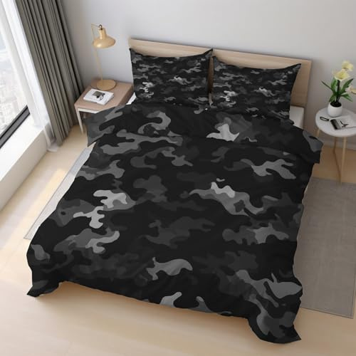 Generisch Camouflage Bettwäsche 135x200cm, Schwarz Weiß Grau Tarnmuster Bettwäsche-Sets 2 Teilig, Bettbezug + 1 Kissenbezüge 80x80cm Weich Mikrofaser mit Reißverschluss 21D&-20
