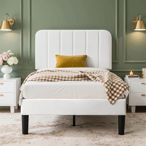 VECELO Polsterbett 90x200 cm – Samtbezug, Einzelbett Bettgestell mit Lattenrost aus Massivholz, Einfache Montage, Ideal für Jugendzimmer, Weiß