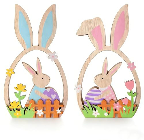 Fesnova 2 Stück Osterhase Holz Hinstellen, Holz Osterhase Hinstellen, Osterhase Deko, Blau und Rosa, für Oster Tischdeko, Garten
