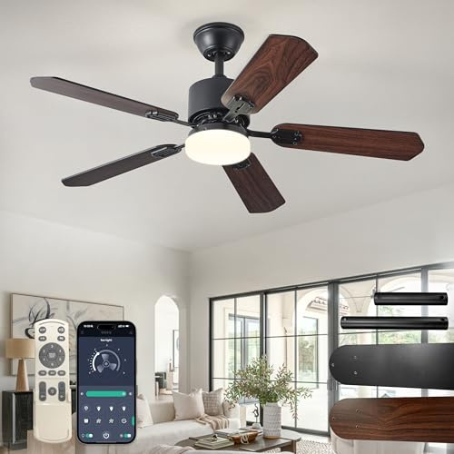 AHRHSM Deckenventilator mit Beleuchtung 106 cm, Leise DC-Motor, 5 Holzflügel, LED Lampe mit Ventilator und Fernbedienung, 3 Farbtemperaturen, 6 Stufen, Sommer/Winterbetrieb für Schlafzimmer, Schwarz