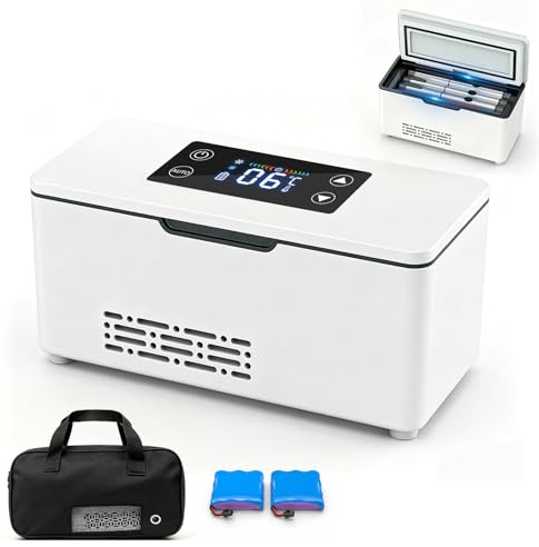 Mini frigo portatile per insulina, elettrico, con display LCD regolabile da 2 a 8 °C e due batterie da 10200 mAh, per casa, in viaggio e in auto