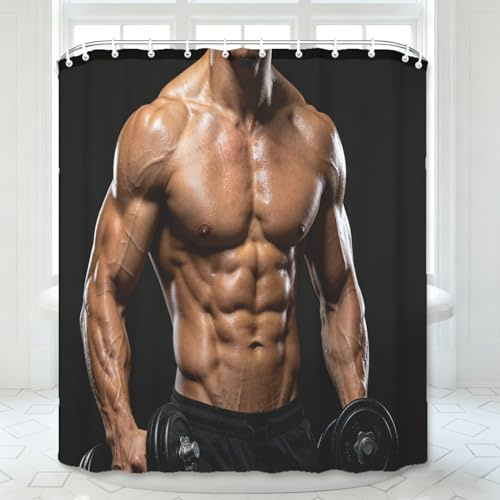 3D Fitness Muskulöser Mann Duschvorhang Schmal 90x180 cm Hanteln Heben, für Eckdusche Kleine Antischimmel Waschbar mit Ösen Shower Curtain Thema Fitnessstudio für Badezimmer q/1270