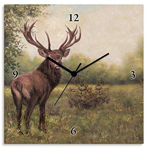 ARTLAND Wanduhr ohne Tickgeräusche Alu Funkuhr 30x30 cm Quadratisch Lautlos Hirsch Tiere Wald Rustikal Landhaus Ländlich T9RB