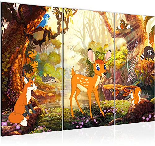 Runa Art Wandbilder Kinderzimmer Wald Bild XXL Babyzimmer Spielzimmer Braun Waldtiere 120 x 80 cm 3 Teilig 022731a
