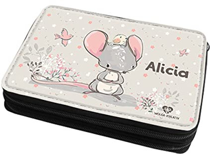 wolga-kreativ Federmäppchen gefüllte Federtasche Mäppchen Federmappe Maus Mäppchen Stiftemäppchen für Mädchen Kleinkind mit Namen personalisiert Bedruckt Schlampermäppchen