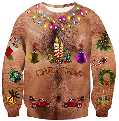 ALISISTER 3D Hässliche Weihnachtspullover Cool Brustbehaarung Print Ugly Christmas Sweater Langarm Party Xmas Pullover Jumper Sweatshirt für Familienpaare XL