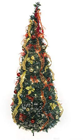Merrily Pop-Up Baum mit Stechpalmen-Blättern mit roten und goldenen Ornamenten, 1,8 m, Grün