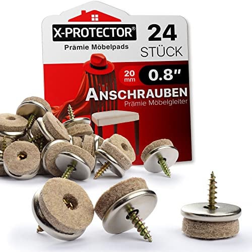 Filz-Gleiter Mit Schraube X-Protector 24 Stück Ø 20 mm - Möbelgleiter - Beige Filzgleiter - Bodengleiter - Stuhlgleiter zum Schrauben vernickelt - Effektiver Schutz Ihrer Möbel & Stühle!