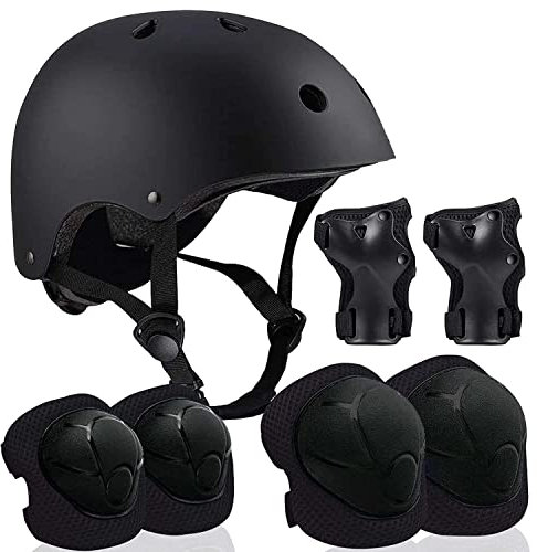 7 in 1 Schoner Set Kinder mit Helm für 3-8 Jahre, Einstellbar Protektoren Set Inliner Kinder mit Knieschoner Handgelenkschoner Ellenbogenschoner für Skate Skateboard Roller Radfahren (Schwarz)