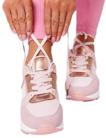 Gereton Chaussures De Marche Pour Femmes Baskets À Talon Compensé Et Semelle Épaisse Athlétiques Course Décontractées En Maille Respirante Le Tennis, La Gym, Pied Rose 41 EU