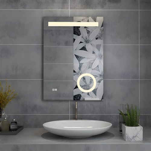 MIQU Badspiegel LED 70x50 cm Badezimmerspiegel mit Beleuchtung warmweiß/kaltweiß dimmbar Lichtspiegel Wandspiegel mit Touch + Vergrößerung + beschlagfrei rechteckig