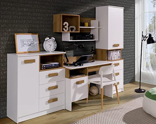 Marmex Kinderzimmer Komplettes Set Grant 2, im Set: Schreibtisch G2, Geschlossener Büchregal G6, Wandregal G3, Kommode mit Schubladen G4 - Farbe Weiß + Riviera Eiche