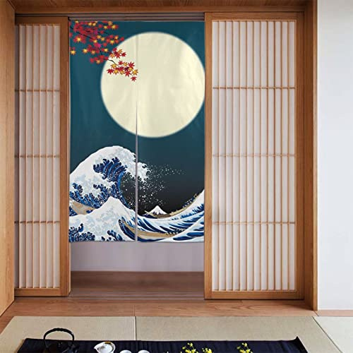 FATTTYCY Japanischer Noren-Vorhang, Türtrenner, große Welle und Vollmond-Restaurant-Türvorhang, Wandteppich für Heimdekoration