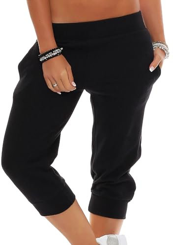 Gennadi Hoppe 3/4 Damen Sporthose Baumwolle Dreiviertel Hose Capri Shorts Frauen halblang - Jogginghose/Trainingshose für Gym, Sport, Fitness, Yoga, Laufen, Joggen Fitnesshose Sommer schwarz M H6605