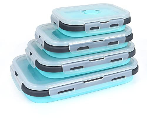 VIGIND Set of 4 Collapsible Foldable Silicone Food Storage Containers,Ktichen Collapsible Storage Bowls with Airtight Plastic Lids for Leftover, Silicone Lunch Box-Microwave,Dishwasher,Freezer Safe