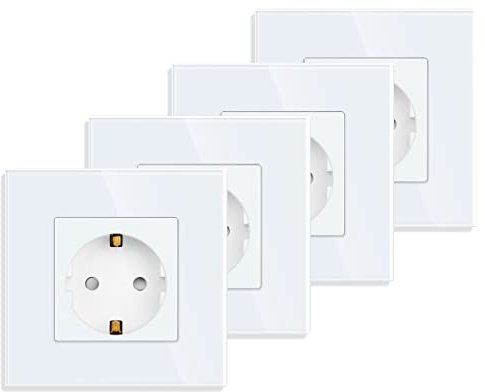 4er-Pack JIMEIDA Einzelsteckdose in Weiß, 16Amp Glas Schuko Steckdosen Unterputz Schutzkontakt Wandsteckdose-86mm, 250V, 1 Fach