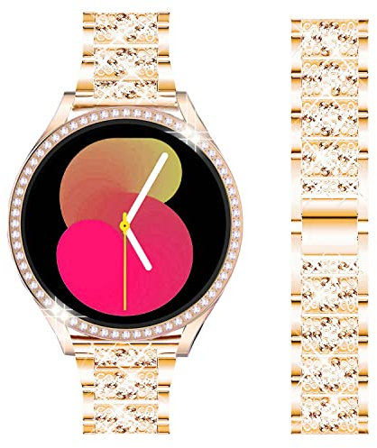 DEALELE Bracelet compatible avec Samsung Galaxy Watch 5 40 mm/Galaxy Watch 5 44 mm, 20 mm strass brillants bracelet en métal avec étui de protection bracelets de rechange pour homme et femme, or rose