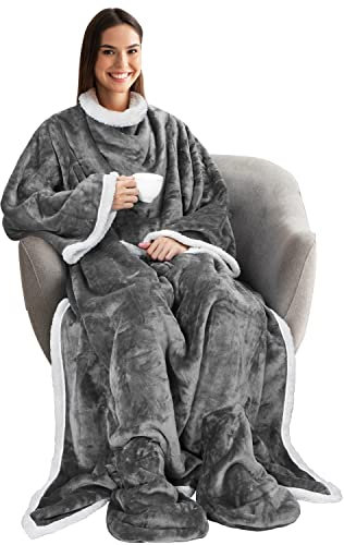 Catalonia Classy Tragbare Decke mit Ärmeln und Fußtaschen, Bequeme Kuscheldecken für Frauen, Erwachsene, Männer, Fleece, warme, gemütliche Decke, Geschenkideen