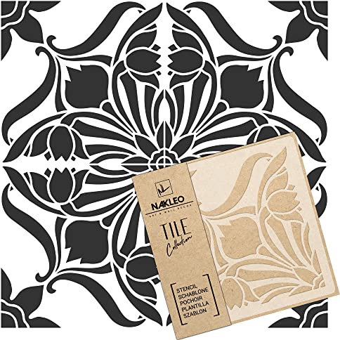NAKLEO Fliesen Schablone zum Malen 15x15 cm, Art Nouveau Deco Blume Geometrisch, Kunststoff Wiederverwendbare Bodenschablone DIY, Holz Möbel Wand Dekoration