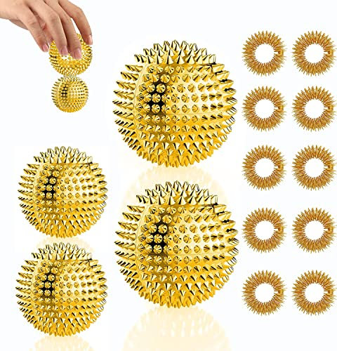4 Skills Igelball Massage + 10 Akupressur Ring Finger - Akupressur Ball Metal Klein 32mm 47mm - Skills ring akupressurringe - Skills Borderline Set Igelbälle Massageringe für Stress Relief (gold)