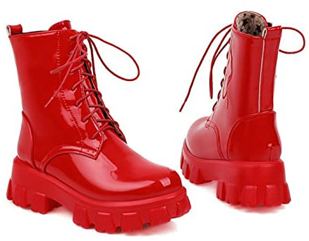 Stivaletti A Taglio Basso Stivali da Motociclista in Pelle Verniciata con Suola Spessa Stivaletti da Donna Autunno E Inverno,Rosso,43 EU