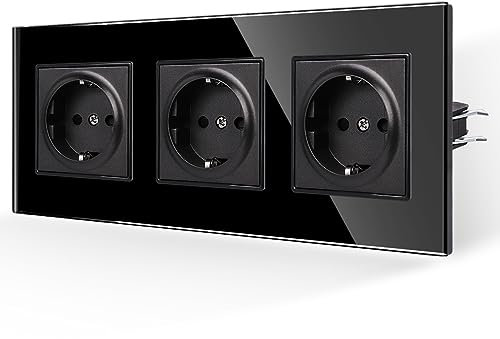 JIMEIDA Steckdose Glas Schwarz 3 Fach,16 Amp Gehärteter Glasscheibe Standard Steckdose Schutzkontakt Wandsteckdose 228 * 86mm 250V