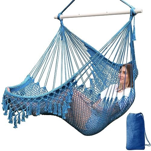 Chihee Super Large Hanging Hammock Chair, Soft-Spun Cotton Rope Weaving, Collapsible Strong Metal Spreader Bar, Wide Seat Lace Stretch Swing, Indoor/Outdoor Garden Yard Theme Decoration