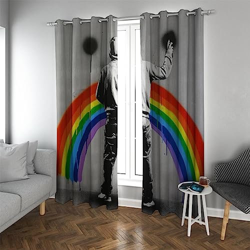 LANDOCROWN Trendige Banksy Graffiti Vorhänge für Schlafzimmer Personalisieren Regenbogen Energiesparvorhänge Ösen Thermischer Verdunkelungsvorhang H 250 x B 200 cm