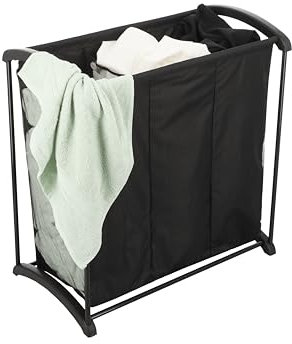 ACAZA Wäschekorb, Schmutzwäschekorb, Wäschebehälter 3 Fächer, 3 Taschen, 108 Liter Gesamtvolumen, Oxford-Gewebe Schwarz