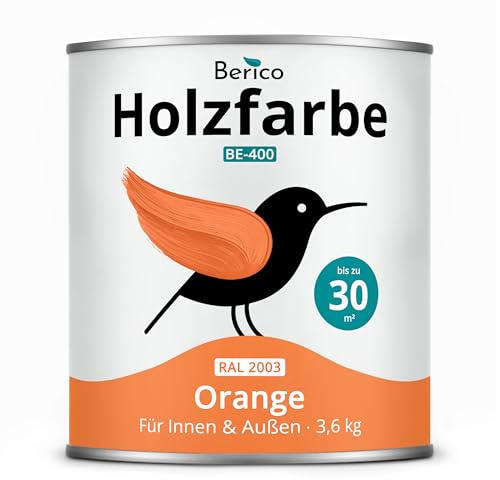 Berico Holzfarbe 3,6 Kg - 4in1 Premium Holzlack - RAL 2003 Orange | Robuster Holz- & Wetterschutz inkl. Grundierung, für Innen & Außen, schnelle Trocknung, hohe Deckkraft