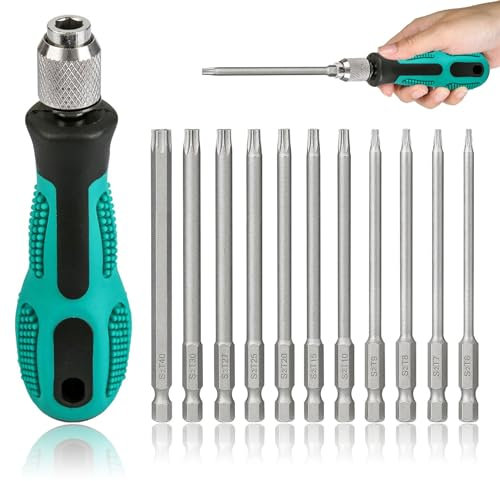 GothicBride T6-T40 Torx Schraubendreher Set 12 Stück 1/4 Magnetische Torx Set mit Loch S2 Stahl 100mm Lang Sechskant Elektrische Schraubendreher Bit Satz