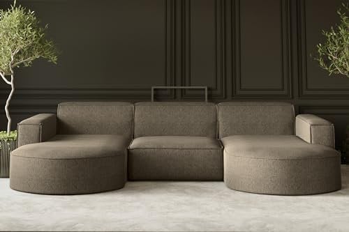Kaiser Möbel, Sofa Modena, Designer u-Form Sofa, Modern Design Couch, Polsterecke, Freistehend, Verita Stoff Hellbraun Breite: 299 cm
