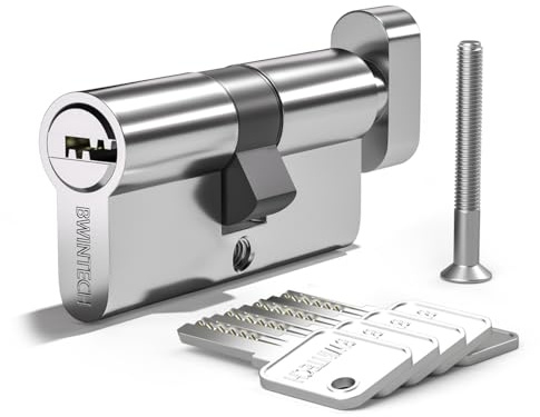 Bwintech 1 Stück 35T/35mm Euro Messingzylinder, 70mm Knauf/Schlüssel zylinderschloss mit 5 horizontalen Messingschlüsseln, Bohrfest, Stoßfest, Chromoberfläche