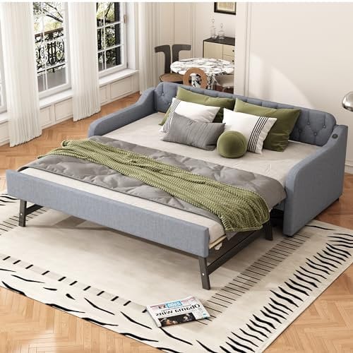 Tagesbett mit ausziehbares Bett 90x200, USB-Anschluss, Modern Schlafsofa Familienbett Jugendbett Einzelbett, Sofabett für Schlafzimmer Wohnzimmer mit Lattenrost (Grau)