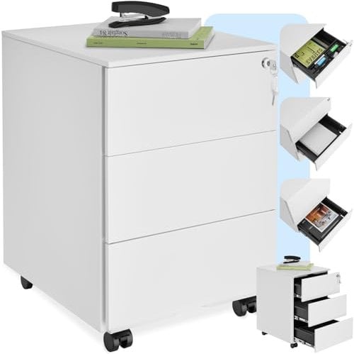 TecTake® Armadietto Per Archivio Pratiche con Rotelle, Mobile Porta Documenti 3 Cassetti, 1 Porta Fascicoli, Mobile Salvaspazio, Armadio con Serratura Chiave, Armadio Ufficio Multiuso - Bianco