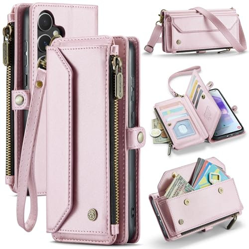 FONREST Custodia a portafoglio in pelle per Samsung Galaxy A55 5G, chiusura magnetica a portafoglio con cavalletto, 10 scomparti per carte di credito e contanti, tasca con cerniera, cordino da polso